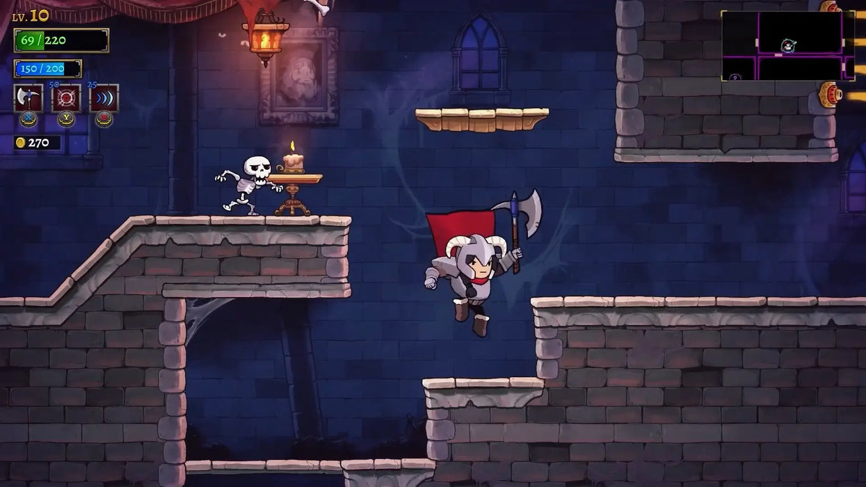 A dynamic action scene from Rogue Legacy 2, showing a brave knight leaping with an axe through a castle dungeon, pursued by a skeleton enemy. This in-game screenshot highlights the platforming challenges and vibrant art style of Rogue Legacy 2, available as a Steam CD Key from RushGame.co