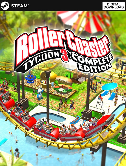 cover art for RollerCoaster Tycoon 3: Complete Edition on Steam, featuring a vibrant amusement park with roller coasters and excited visitors. Buy RollerCoaster Tycoon 3: Complete Edition Steam CD Key instantly at RushGame.co to start building your dream theme park