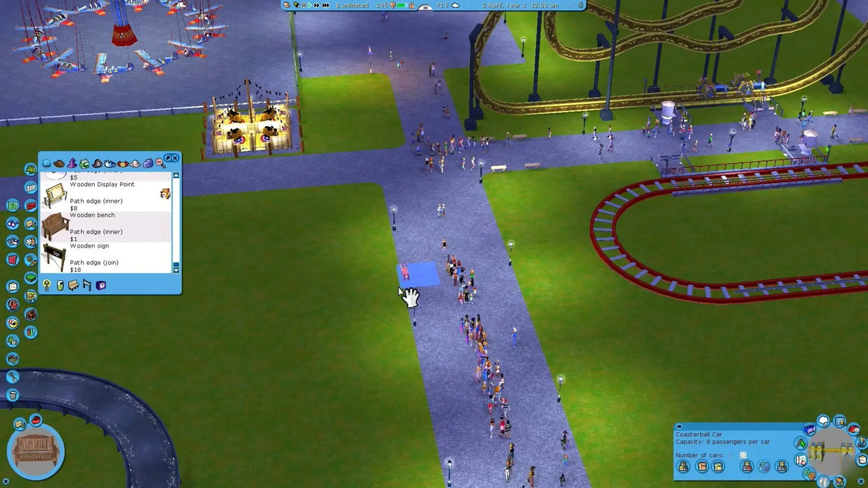 Gameplay image of RollerCoaster Tycoon 3: Complete Edition on Steam, highlighting creative park construction with rides, queues, and park guests. Unlock your RollerCoaster Tycoon 3 Steam Key at RushGame.co for fast, secure digital delivery