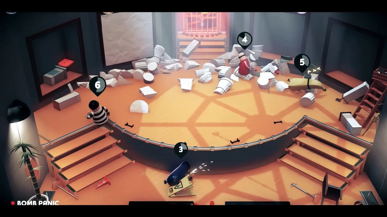 Screenshot from Rubber Bandits on Steam showing a chaotic game arena with destructible objects and cartoon criminals preparing for action. Buy your Rubber Bandits Steam CD Key at RushGame.co for secure and instant code delivery