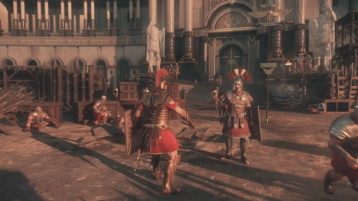 In-game scene from Ryse: Son of Rome Legendary Edition with detailed Roman armor and soldiers preparing for combat in a grand ancient city. Purchase your Ryse: Son of Rome Legendary Edition Xbox One CD Key from RushGame.co for instant delivery