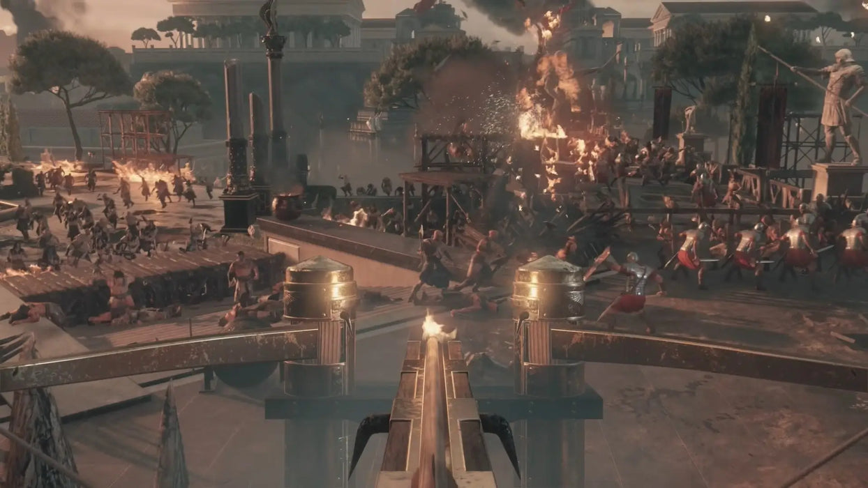 Intense battle scene in Ryse: Son of Rome Legendary Edition on Xbox One, featuring Roman troops defending the city walls against waves of attackers. Get your digital Xbox One game code for Ryse: Son of Rome now at RushGame.co and join the action
