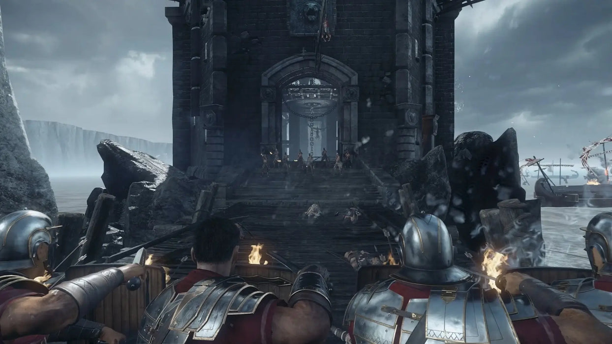 Ryse: Son of Rome Legendary Edition gameplay screenshot showing Roman soldiers preparing for battle at a massive fortress gate, highlighting the game's stunning graphics. Buy your Ryse: Son of Rome Xbox One key instantly at RushGame.co and experience epic Roman warfare