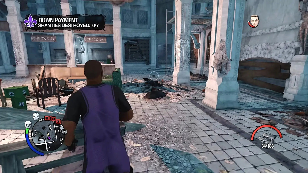 Saints Row 2 Steam screenshot highlighting the Down Payment mission in a ruined hotel lobby. Get your Saints Row 2 Steam Key at RushGame.co for full access to the gritty Stilwater city, fast code delivery, and competitive prices
