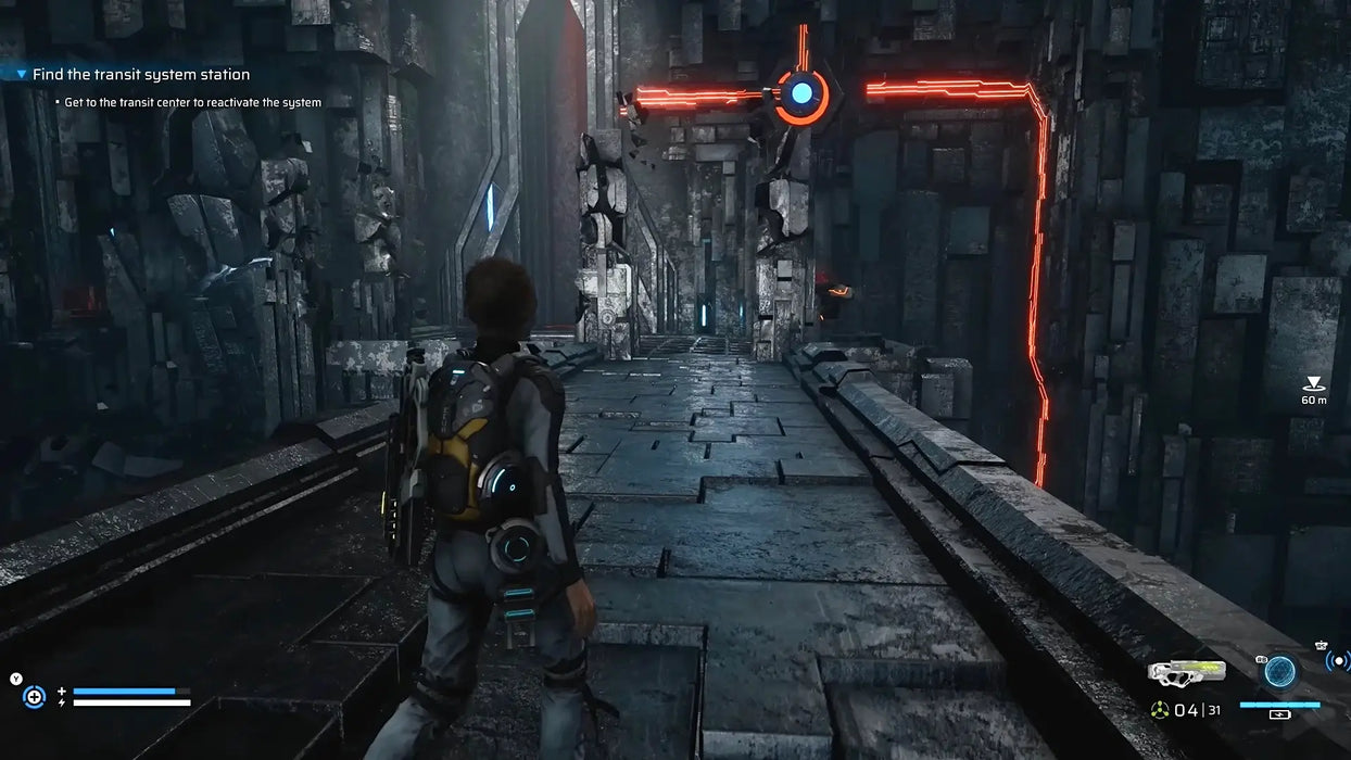 In-game screenshot from Scars Above on Steam, showing the main character exploring a mysterious alien structure with futuristic architecture and glowing red circuits. Buy your Scars Above Steam key instantly at RushGame.co.