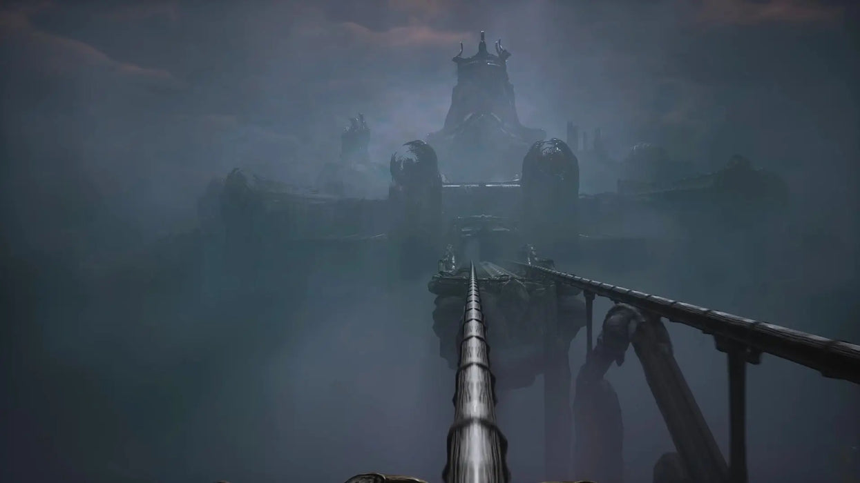 Atmospheric gameplay image from Scorn Deluxe Edition Steam, featuring a haunting view of a massive, nightmarish structure shrouded in mist and darkness. Get your Scorn Steam CD key at RushGame.co and experience this unique horror adventure