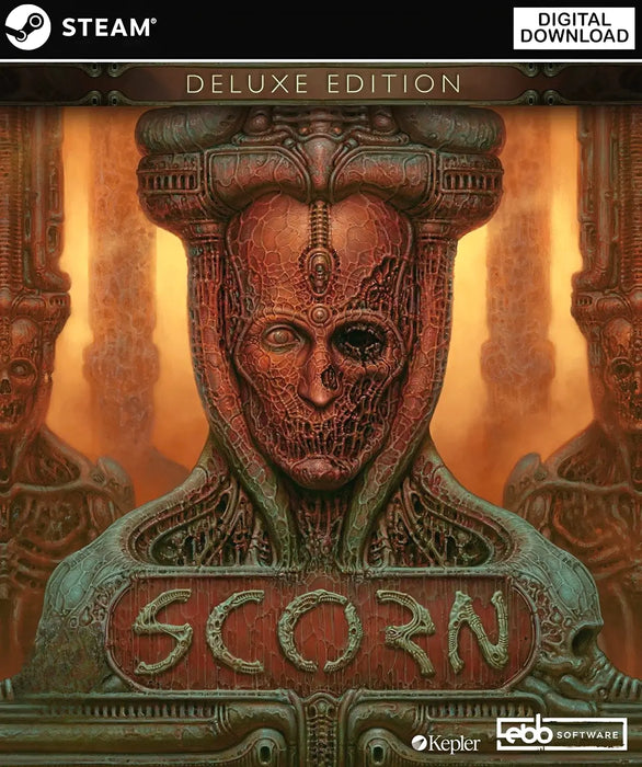 Cover art for Scorn Deluxe Edition Steam Key, displaying a detailed biomechanical face with eerie textures and the game's logo in the center. Purchase your Scorn Steam Deluxe Edition game key from RushGame.co for instant download.