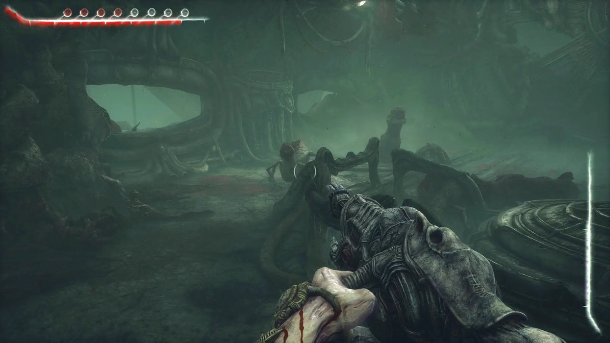 First-person screenshot from Scorn Steam Key GLOBAL, depicting the player aiming a biomechanical weapon in a dark, twisted environment filled with organic structures and strange creatures. Unlock your Scorn Steam GLOBAL key instantly at RushGame.co