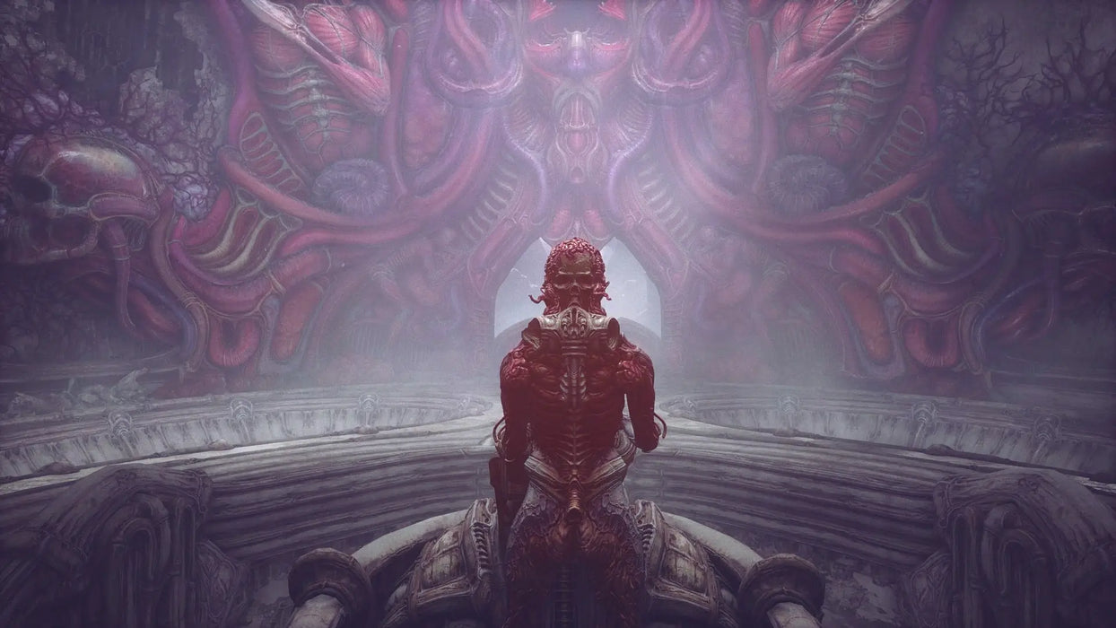 In-game screenshot from Scorn on Steam, featuring a grotesque, biomechanical humanoid figure facing an intricate wall of flesh and bone in a surreal, nightmarish environment. Buy your Scorn Steam Key GLOBAL at RushGame.co for instant digital delivery