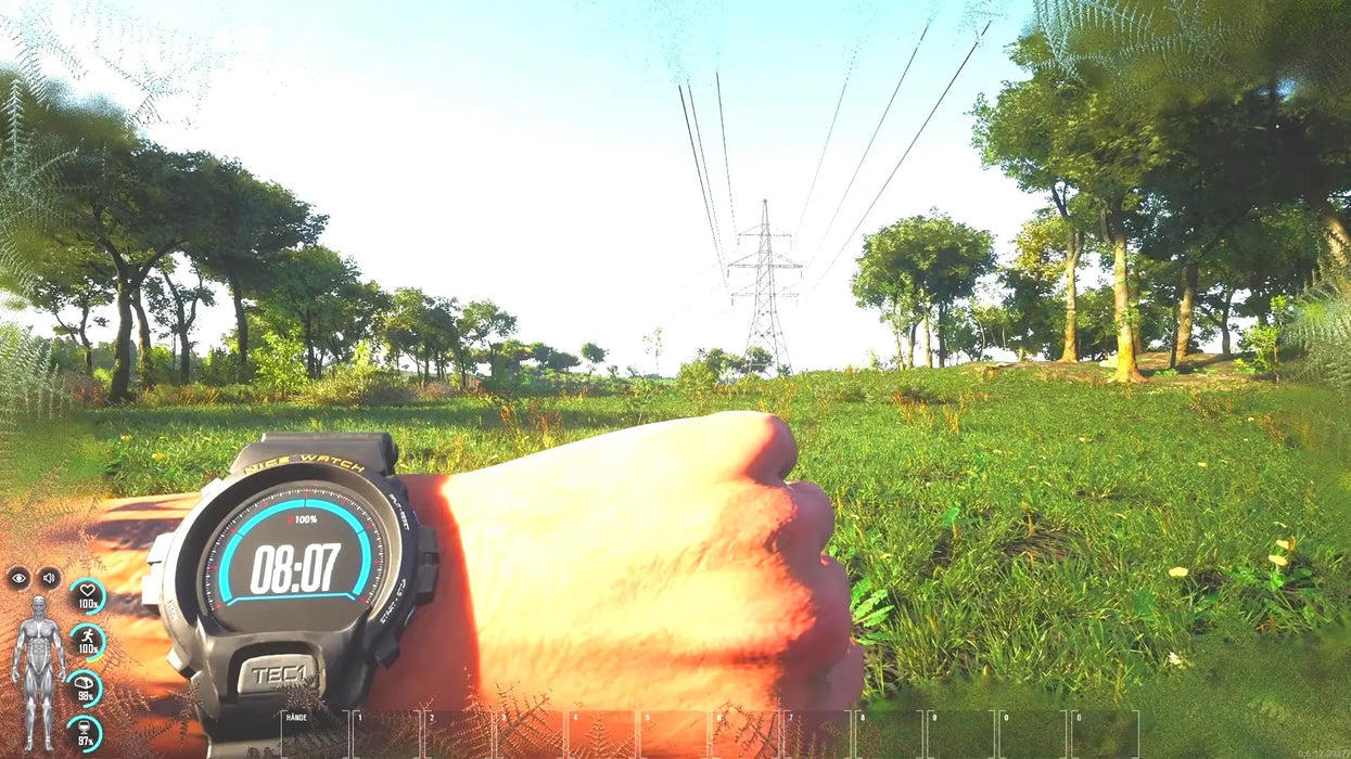 In-game screenshot from SCUM Supporter Pack 1 DLC on Steam, showing the player’s hand and digital watch with survival stats, looking out over a green field with trees and power lines. Get your SCUM Supporter Pack 1 Steam key instantly at RushGame.co