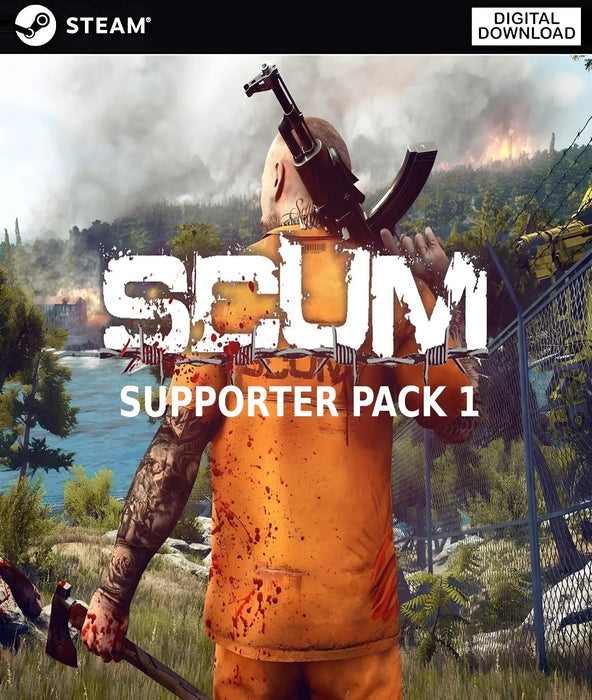 Cover art for SCUM Steam Key – Supporter Pack 1 DLC, depicting a tattooed prisoner in an orange jumpsuit holding an axe and a rifle against a backdrop of nature and chaos. Purchase your SCUM Supporter Pack 1 DLC Steam code at RushGame.co for instant digital delivery.