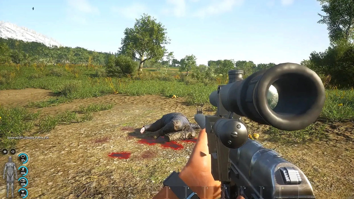 Screenshot from SCUM Supporter Pack 2 DLC for Steam, featuring first-person sniper gameplay with a defeated enemy in a vibrant open world. Buy your SCUM Steam Key - Supporter Pack 2 DLC at RushGame.co and jump into the ultimate survival challenge with immediate digital download.