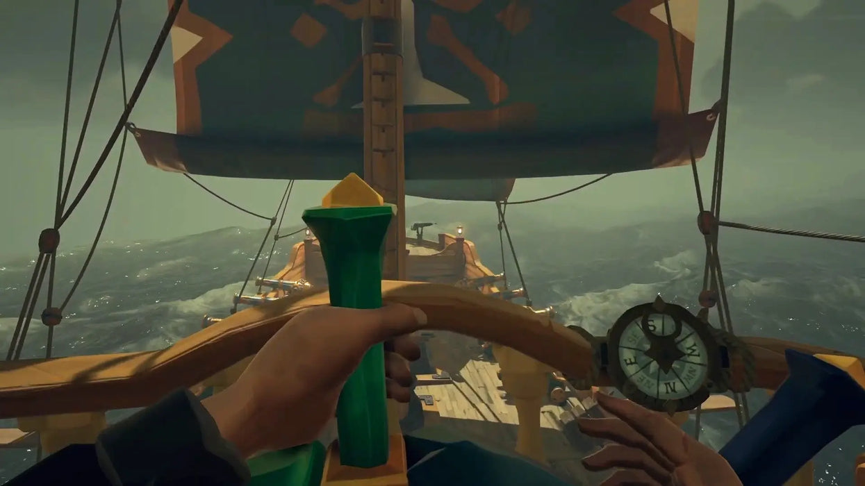 First-person view of a pirate steering a ship through stormy seas in Sea of Thieves 2023 Edition for Xbox One and PC. Purchase your Sea of Thieves Xbox Key at RushGame.co and command your own pirate crew today.