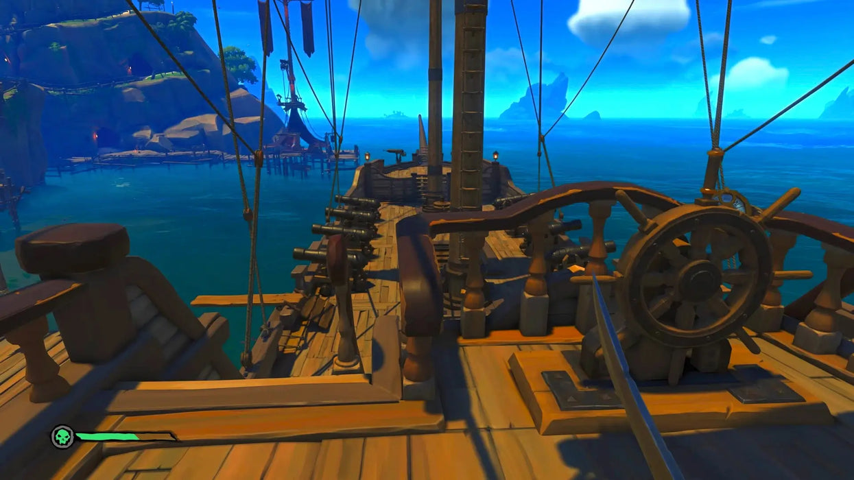 Screenshot from Sea of Thieves showcasing the deck of a pirate ship equipped with cannons, docked at a bright, tropical port. Get your Sea of Thieves Default Title Key now at RushGame.co - join the ultimate pirate experience with fast and secure code delivery 