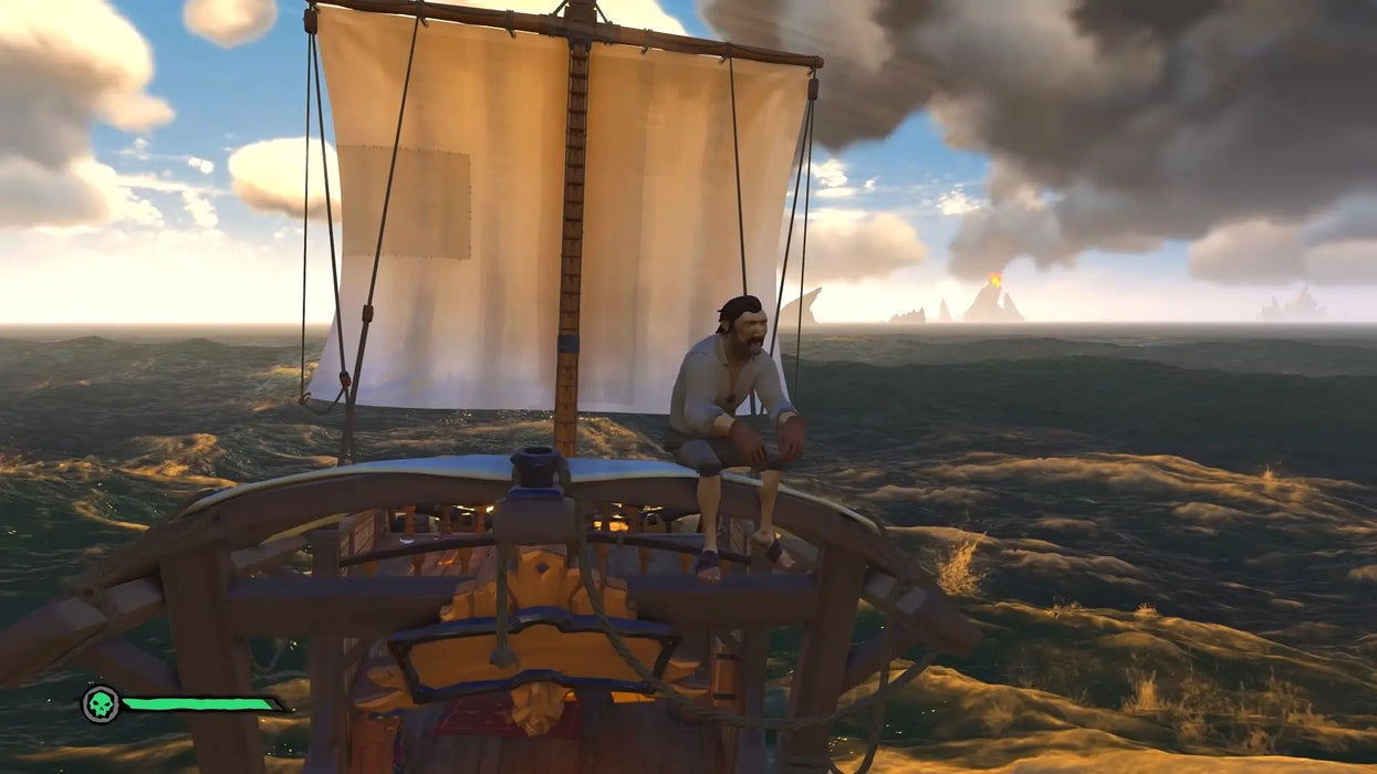 In-game screenshot from Sea of Thieves showing a pirate sitting on the bow of a ship with white sails, sailing on open seas under dramatic clouds. Buy your Sea of Thieves Default Title and PC game key at RushGame.co and set sail for epic adventures - instant digital delivery!