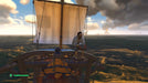 In-game screenshot from Sea of Thieves showing a pirate sitting on the bow of a ship with white sails, sailing on open seas under dramatic clouds. Buy your Sea of Thieves Default Title and PC game key at RushGame.co and set sail for epic adventures - instant digital delivery!
