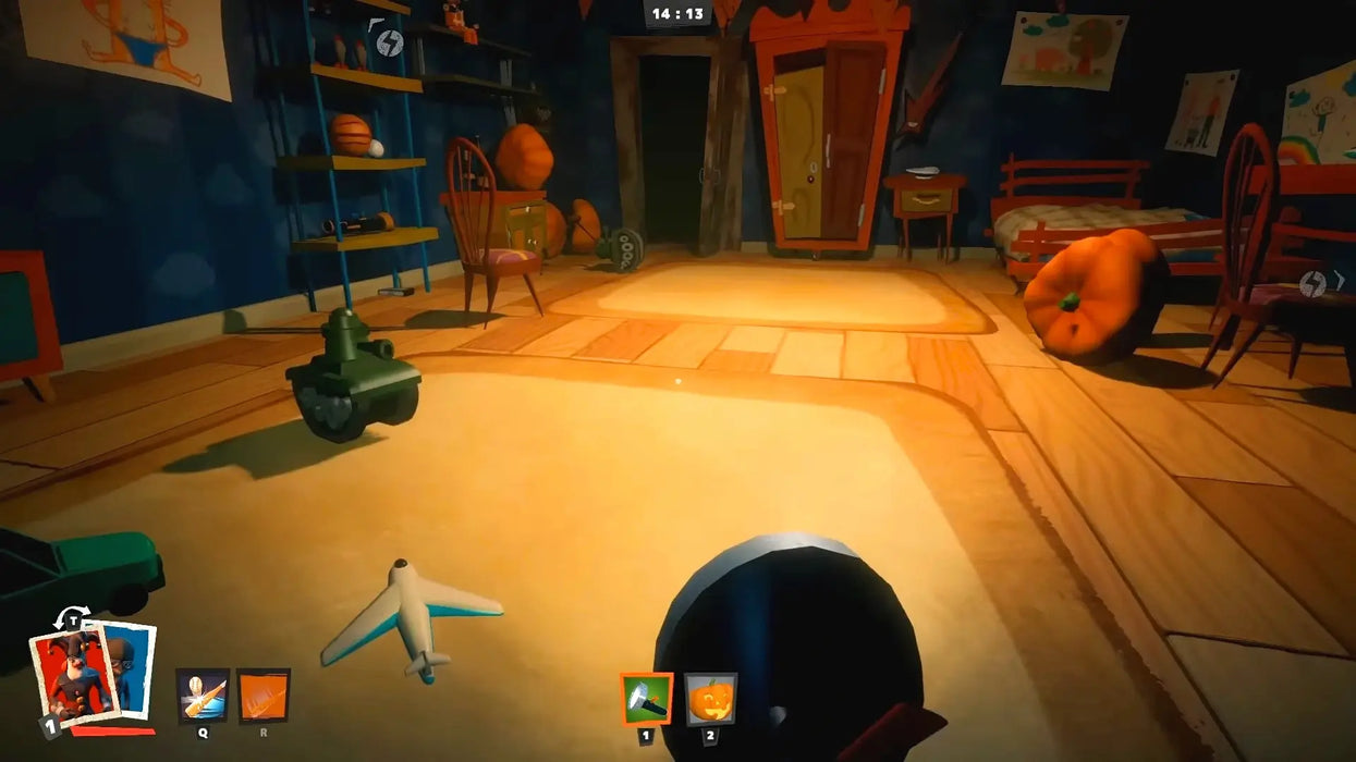 Screenshot from Secret Neighbor for Steam, depicting a Halloween-themed room with a glowing pumpkin lamp and interactive items. Purchase a genuine Secret Neighbor Steam Key at RushGame.co for instant digital delivery and enjoy exciting multiplayer gameplay