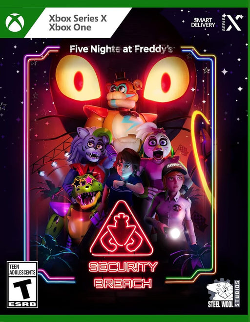 Official cover art for Five Nights at Freddy's: Security Breach on Xbox Series X|S and Xbox One, featuring animatronics and neon-lit horror theme. Buy your Xbox CD Key instantly at RushGame.co and face Freddy's chilling challenges