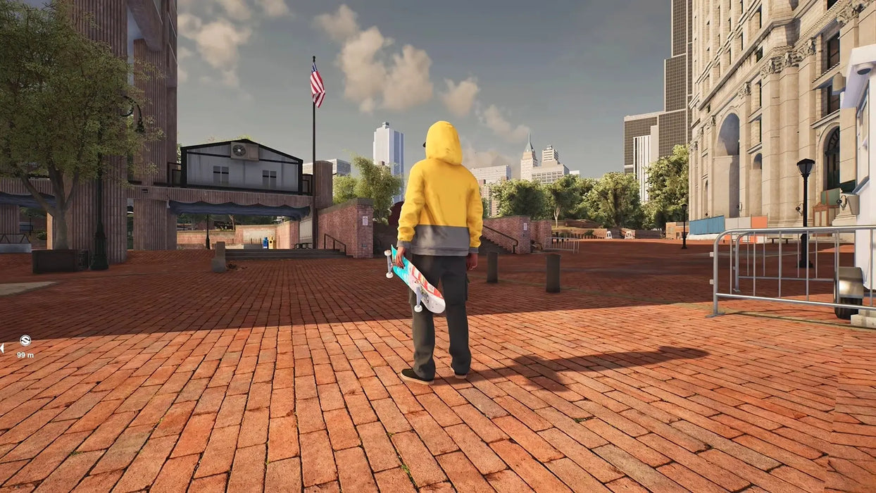In-game screenshot from Session Skate Sim Deluxe Edition, showcasing a skater in a yellow hoodie standing in a city plaza with detailed urban environments. Purchase Session Skate Sim Xbox keys at RushGame.co for immediate access and start your skateboarding adventure today