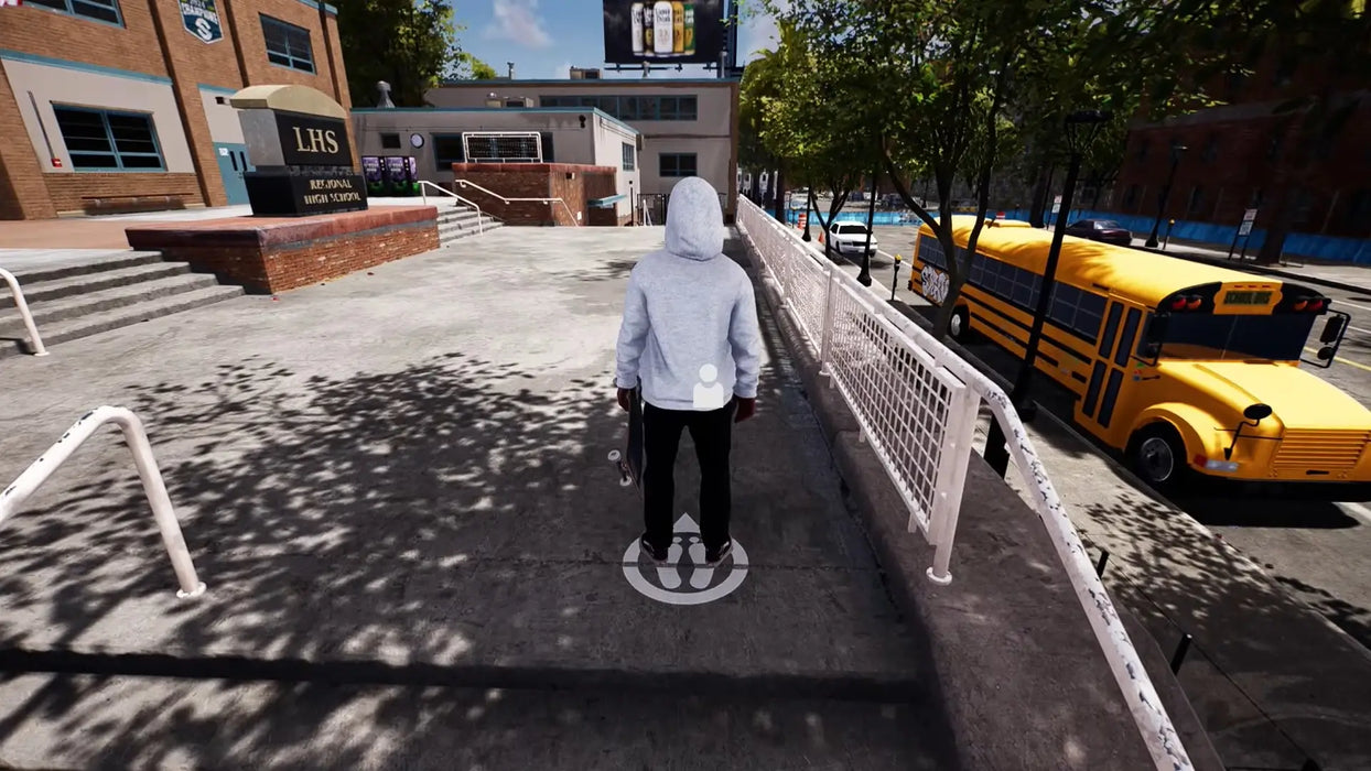 Session Skate Sim Schoolyard DLC gameplay screenshot showing a skateboarder exploring the high school campus with a yellow school bus in the background. Buy Session Skate Sim Schoolyard Steam DLC codes at RushGame.co for instant digital delivery