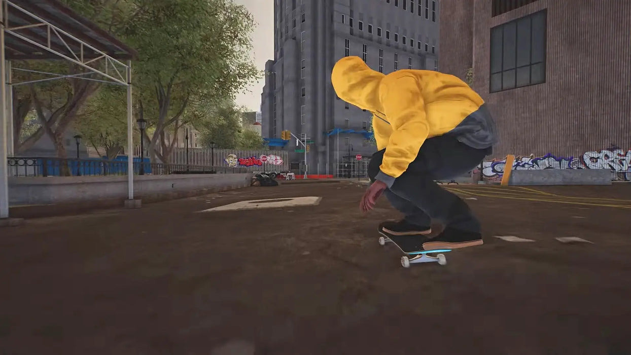 Session Skate Sim Steam gameplay featuring a skater in a yellow hoodie preparing to perform tricks on an urban street, surrounded by graffiti and city buildings. Unlock your Session Skate Sim Steam Key at RushGame.co and hit the streets with an official digital code