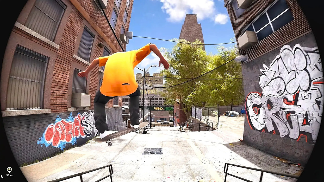 Screenshot from Session Skate Sim Supporter Edition on Steam, featuring a skater performing an ollie down a sunlit urban alley with graffiti walls and realistic cityscape. Get your Session Skate Sim Supporter Edition Steam Key at RushGame.co and start mastering every trick