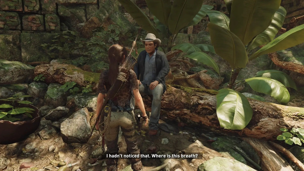 In-game screenshot from Shadow of the Tomb Raider Definitive Edition on Steam, showing Lara Croft speaking to an NPC in a dense jungle environment. Get your Steam CD Key at RushGame.co for fast, secure delivery