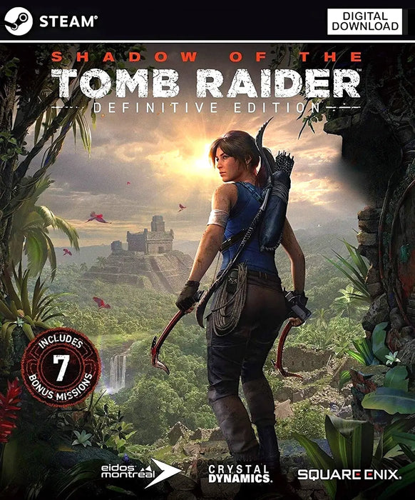 Cover art for Shadow of the Tomb Raider Definitive Edition Steam Key, featuring Lara Croft standing in a lush jungle with ancient ruins in the background. Buy your digital game code instantly at RushGame.co and start your epic adventure