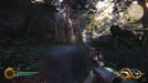 First-person perspective in Shadow Warrior 2 Deluxe Edition, featuring the player aiming a revolver in a lush, wooded environment. Play Shadow Warrior 2 Deluxe Edition with an official GOG Key, available now at RushGame.co