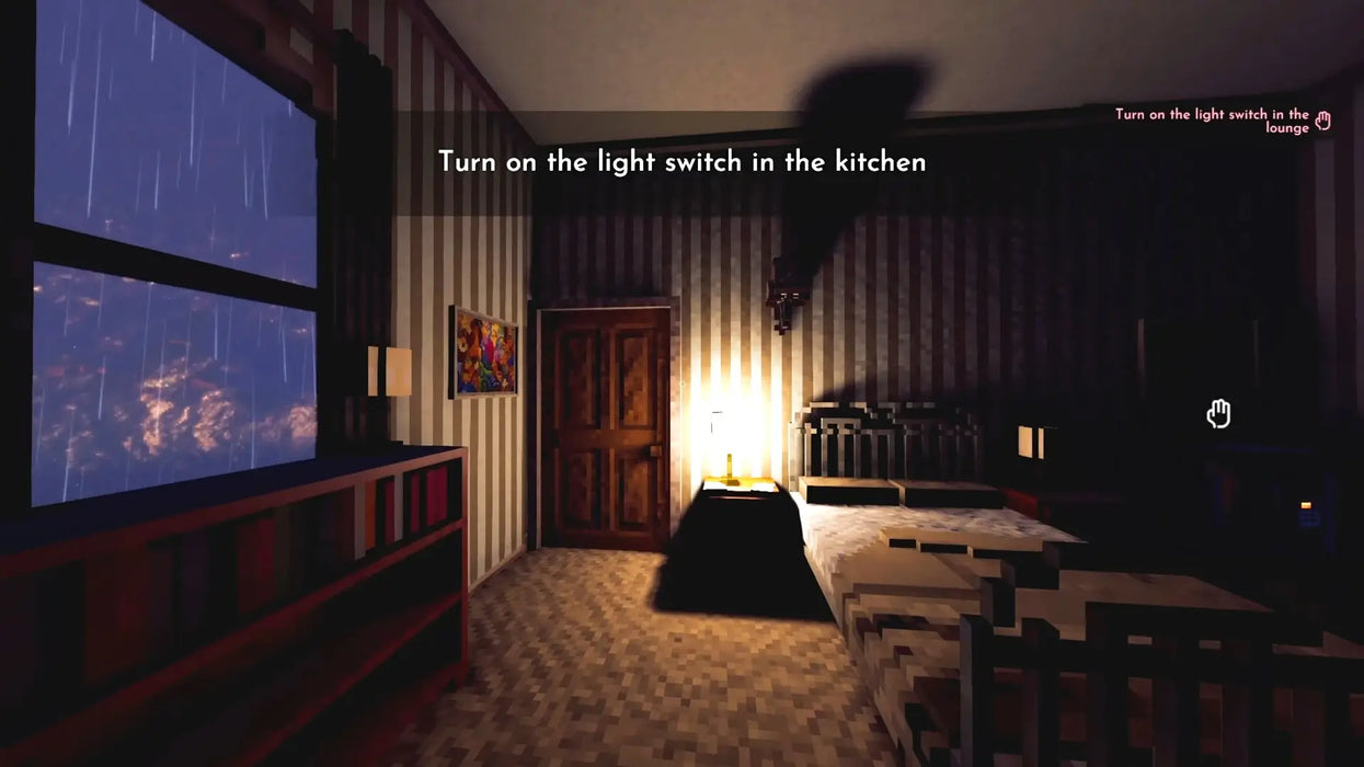 Screenshot from Shadows of Doubt Steam edition, with a pixel-art bedroom illuminated by a lamp and rain pouring outside, highlighting the game's immersive detective setting. Buy a genuine Steam code at RushGame.co for instant access