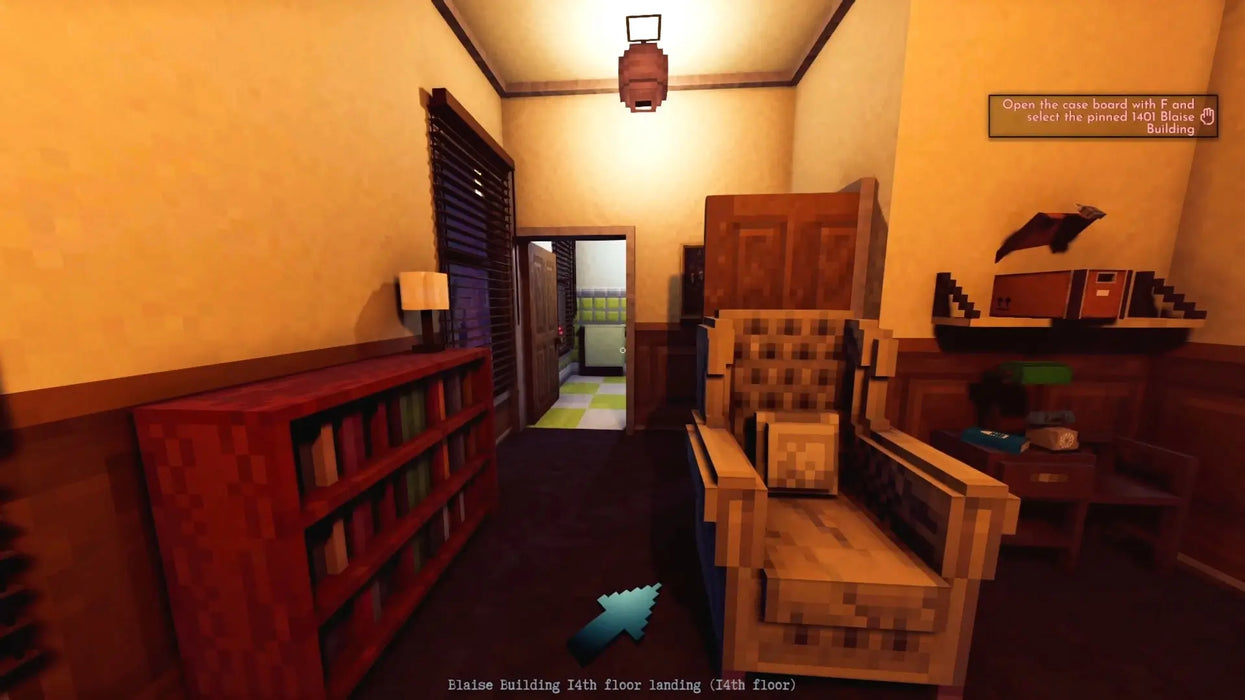 In-game scene from Shadows of Doubt on Steam, depicting a cozy, voxel-style apartment interior with classic detective atmosphere. Get your Shadows of Doubt Steam Key and unlock the full mystery experience at RushGame.co