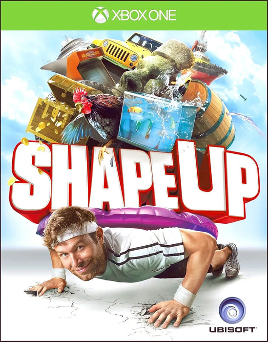 Shape Up Xbox One cover art featuring a playful fitness theme with a man doing push-ups surrounded by arcade machines, cars, and animals. Buy your Shape Up Xbox One code instantly at RushGame.co and start your unique workout adventure today