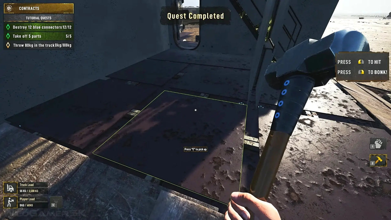 In-game screenshot from Ship Graveyard Simulator 2 Steam Key showing the player using a sledgehammer to complete a quest objective, surrounded by metal plates and industrial ship interiors. Get your digital Steam key for Ship Graveyard Simulator 2 at RushGame.co and start your shipyard adventure instantly