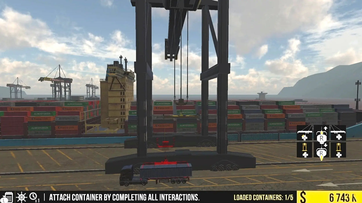 Ships Simulator PS5 in-game view of port logistics, featuring container cranes, trucks, and stacks of multicolored containers ready for shipment. Get your Ships Simulator PS5 code NA from RushGame.co and dive into the world of maritime shipping today.