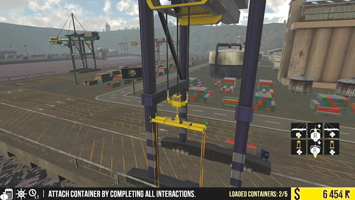 Gameplay screenshot from Ships Simulator PS5 showing a detailed crane operation, with containers being loaded in a bustling harbor environment. Unlock Ships Simulator PS5 code NA at RushGame.co to manage ports and transport cargo with authentic simulator mechanics.