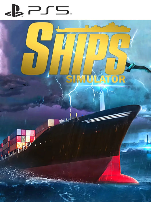 Ships Simulator PS5 cover art featuring a massive container ship navigating stormy seas under dramatic lightning and a dark, cloudy sky. Buy your Ships Simulator PS5 code instantly at RushGame.co and take control of advanced vessels in this immersive simulation experience