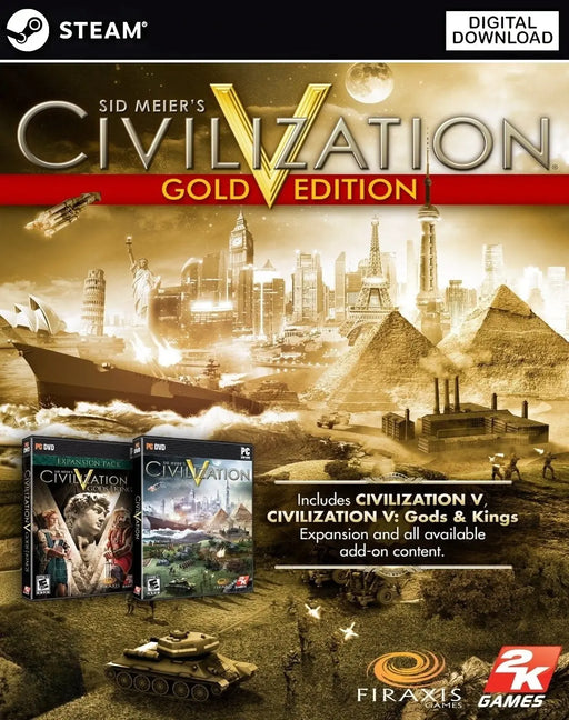 Cover art for Sid Meier's Civilization V Gold Edition Steam key, featuring iconic historical landmarks and expansion content. Get your Civilization V Gold Edition game code now at RushGame.co for instant digital delivery
