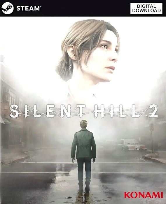 SILENT HILL 2 Steam Key digital download cover art, featuring the main protagonist standing in a fog-covered street with a mysterious female figure above—purchase your Steam key for Silent Hill 2 at RushGame.co and experience this legendary horror remake instantly