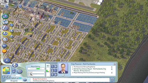 Screenshot from SimCity 4 Deluxe Edition showing blue commercial zones, green residential areas, and city opinion polls with mayor ratings. Unlock your SimCity 4 Deluxe Edition Origin CD Key at RushGame.co and build the city of your dreams today