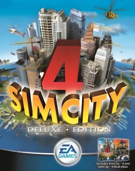 SimCity 4 Deluxe Edition digital cover art showing a bustling city skyline, helicopters, and construction cranes. Purchase your SimCity 4 Deluxe Edition Origin CD Key instantly at RushGame.co for fast digital delivery