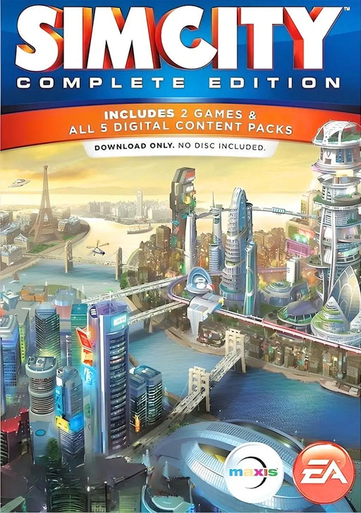 Image of the SimCity Complete Edition cover art featuring a futuristic cityscape, advanced skyscrapers, and vibrant city lights. Buy your SimCity Complete Edition CD Key for Origin at RushGame.co and unlock the full city-building experience with all DLC content.
