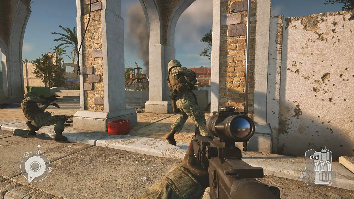 Action-packed scene from Six Days in Fallujah on PC Steam, highlighting soldiers in tactical positions amidst realistic battlefield chaos. Instantly unlock your Steam code at RushGame.co and dive into the experience