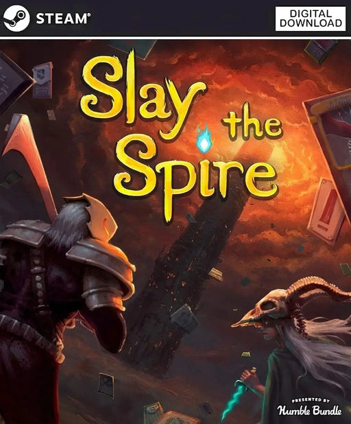 Official Slay the Spire Steam game cover art featuring the two main characters and the ominous spire in the background. Purchase your Slay the Spire Steam Key from RushGame.co for quick code delivery and enjoy this acclaimed deck-building roguelike
