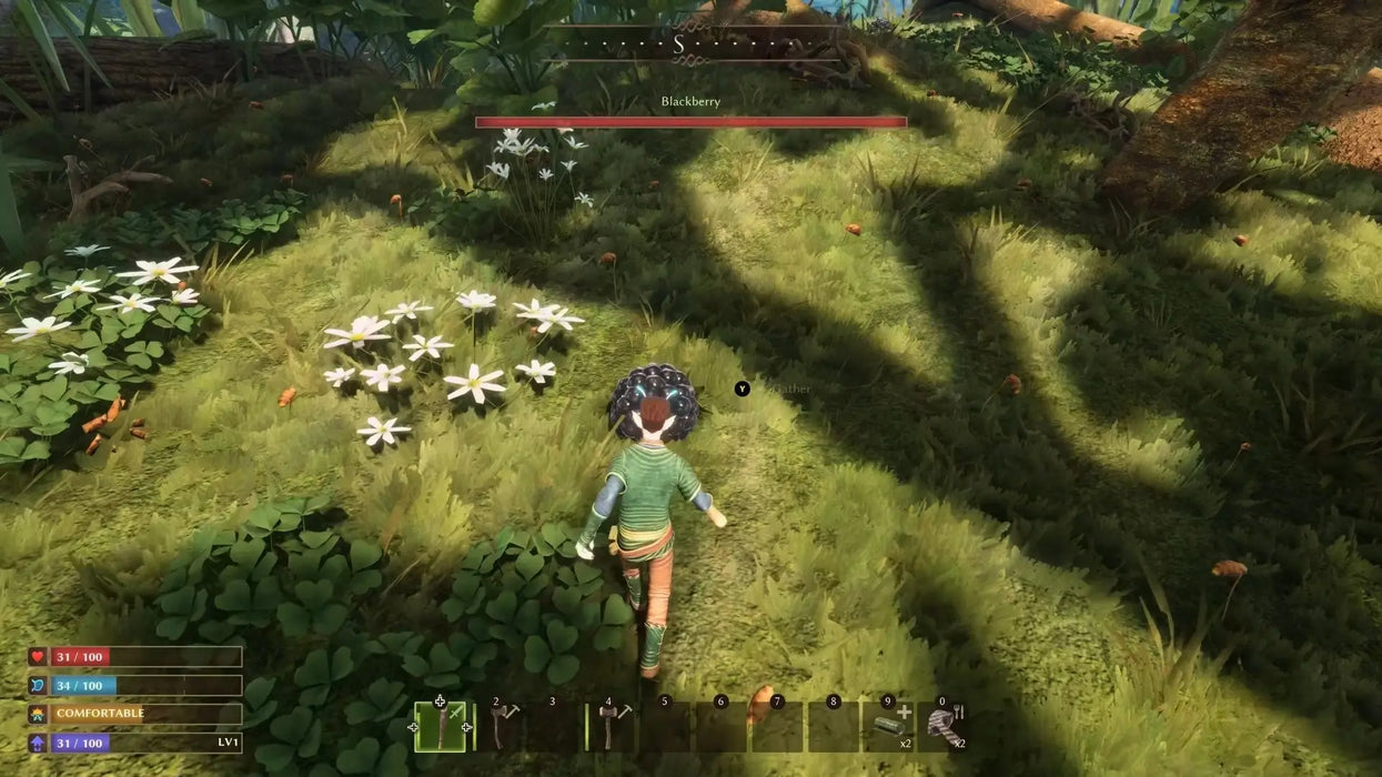 Smalland: Survive the Wilds Steam gameplay with a character gathering blackberries among wildflowers in a vibrant natural setting. Secure your Steam key at RushGame.co.