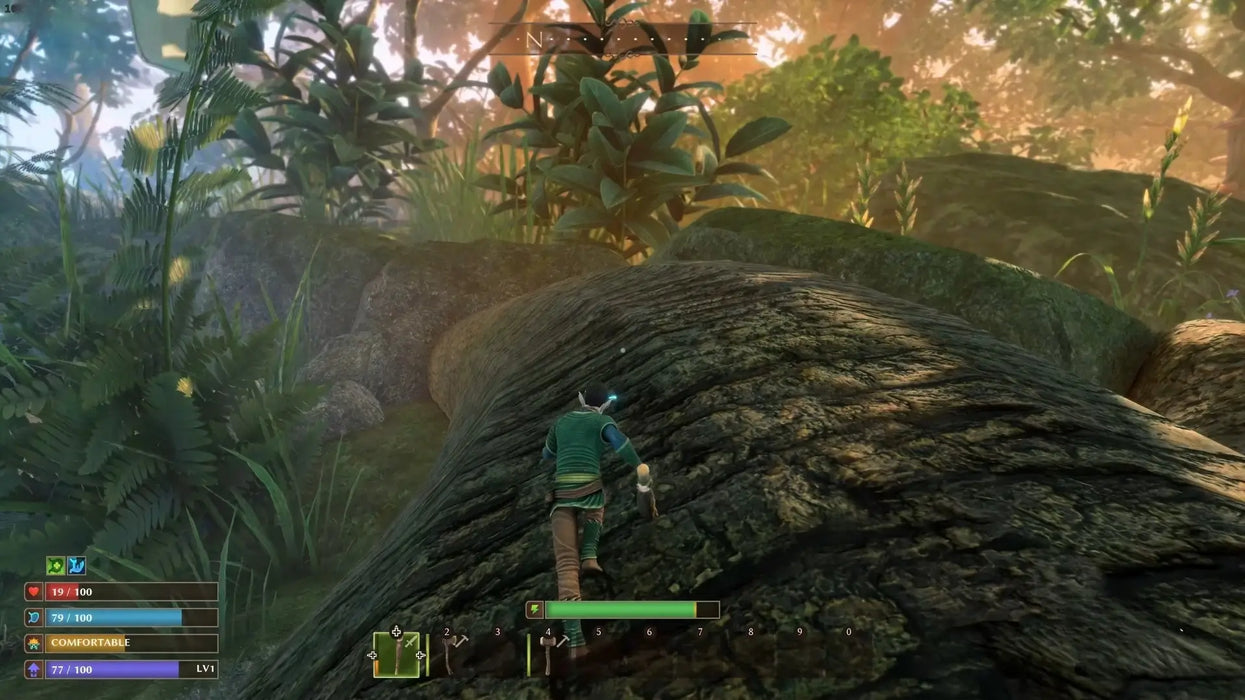 Survive the Wilds Steam gameplay showing a character climbing a giant tree in a lush forest. Purchase your Steam key at RushGame.co