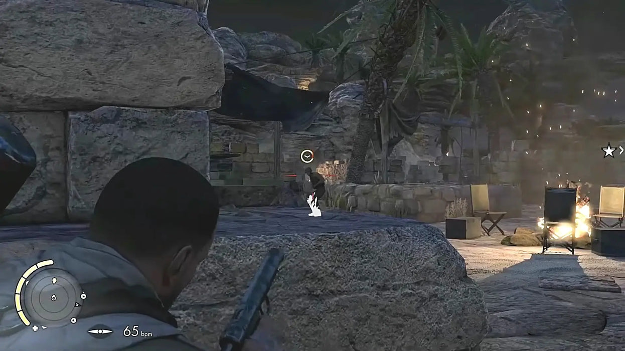 Night mission in Sniper Elite 3 Season Pass, featuring stealth gameplay as the player lines up a shot on an enemy by a campfire. Instantly download your Steam DLC code from RushGame.co.