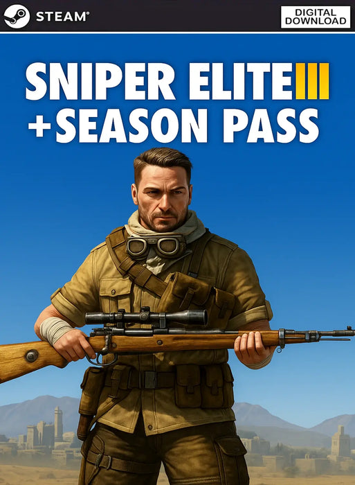 Cover art for Sniper Elite 3 Steam Key + Season Pass bundle, featuring the main protagonist with a sniper rifle, set against a North African backdrop. Buy your digital game code instantly at RushGame.co and unlock the complete tactical shooter experience on Steam