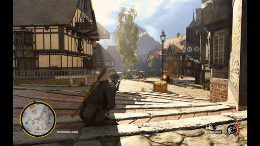 Sniper Elite 4 Season Pass Steam gameplay screenshot of a sniper sneaking through a European town during daylight. Get your digital Steam code at RushGame.co