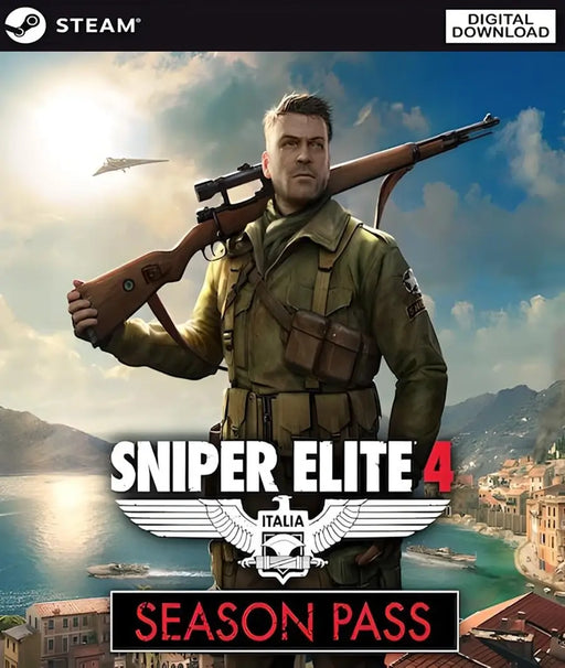 Sniper Elite 4 Season Pass Steam cover featuring the main character with a sniper rifle and Italian coastal scenery. Buy your Steam DLC key at RushGame.co