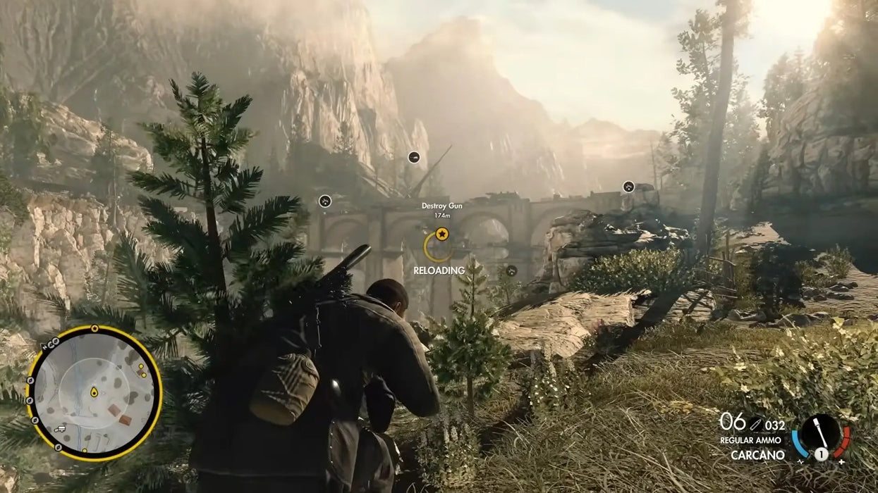 Sniper Elite 4 Xbox One screenshot featuring a sniper aiming at targets near a large mountain bridge. Purchase your Xbox digital key at RushGame.co